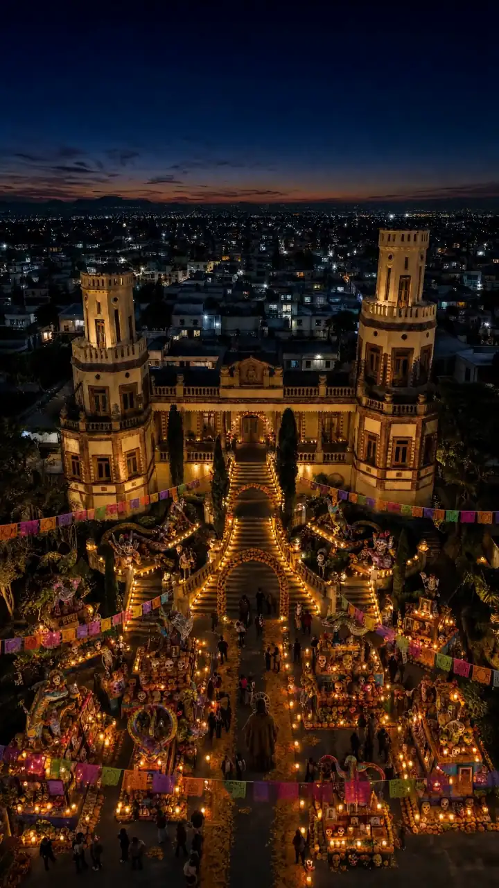 La Ex Hacienda de Xico, con sus dos torres, y ofrendas en el patio