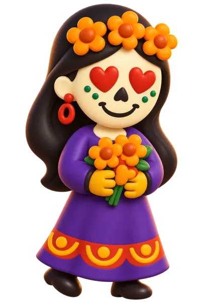 Amor: vestido morado y ojos de corazón