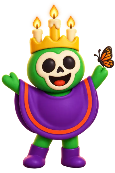 Esperanza: verde, poncho morado, corona con velas y mariposa